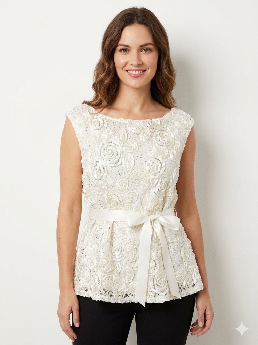 SLNY Sequin Floral Rosette Peplum Blouse Ivory White Lace Short Sleeve Top XXL